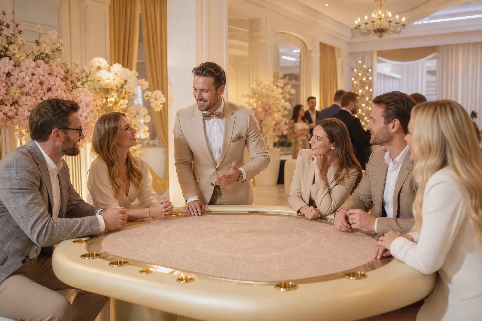 Jasna strefa stołów casino-style prowadzona przez gospodarza