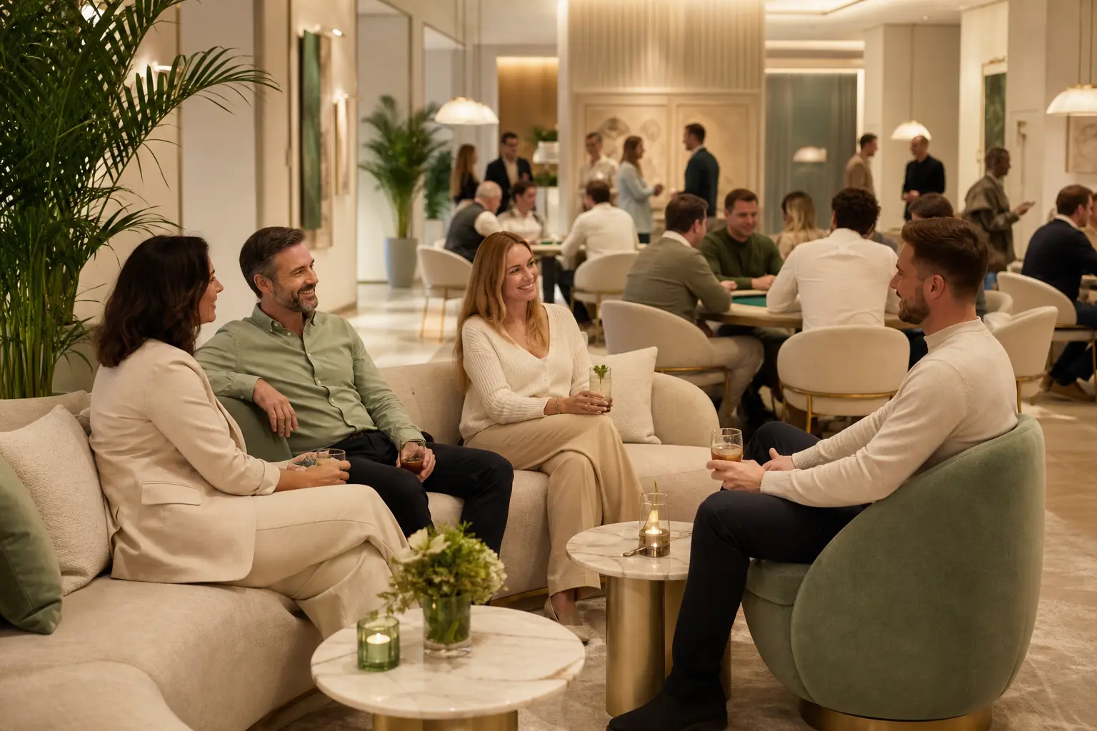 Strefa lounge z jasnymi siedziskami obok strefy pokerowej